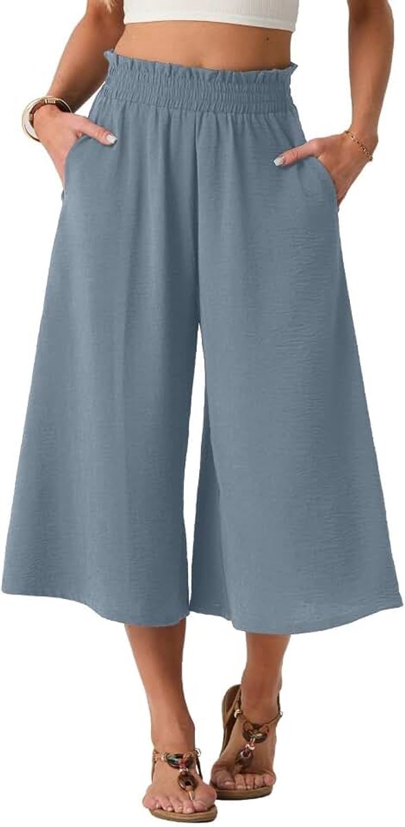 Zomerbroek voor dames, licht, hoge taille, culotte, zomer, casual, palazzo-broek, wijde pijpen, broek met zakken