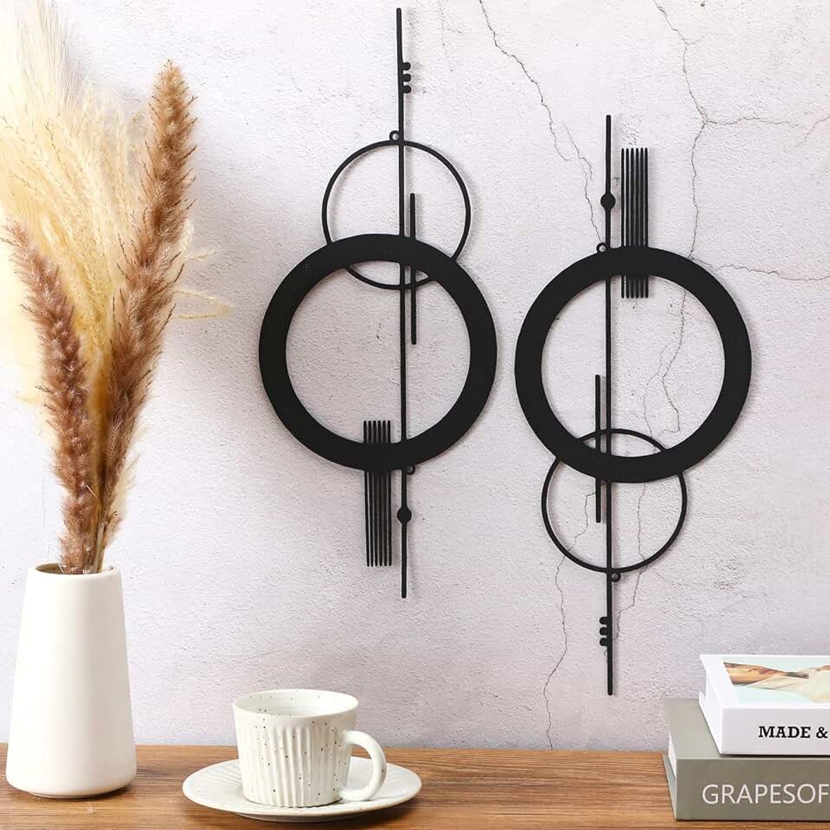 2 stuks kleine metalen abstracte kunst aan de muur 15,7 inch metalen geometrie minimalistische muurdecoratie enkele lijn kunst zwarte verticale sculpturen geometrische moderne opknoping voor
