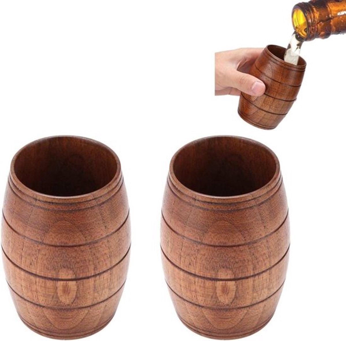 Houten Biermok Met Touw - Gemeten Mok voor Koffie, Bier en Thee - Set van 2 Mokken met Geschenkverpakking - Geschikt voor Sap en Melk