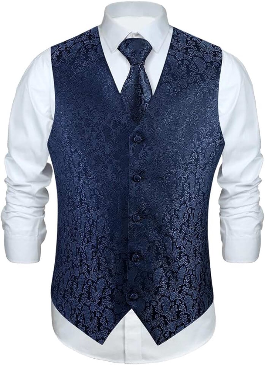 Gilet voor heren, paisley-gilet voor bruiloft, stropdas, pochet, bloemenpatroon, jacquard feestpak, set met gilet