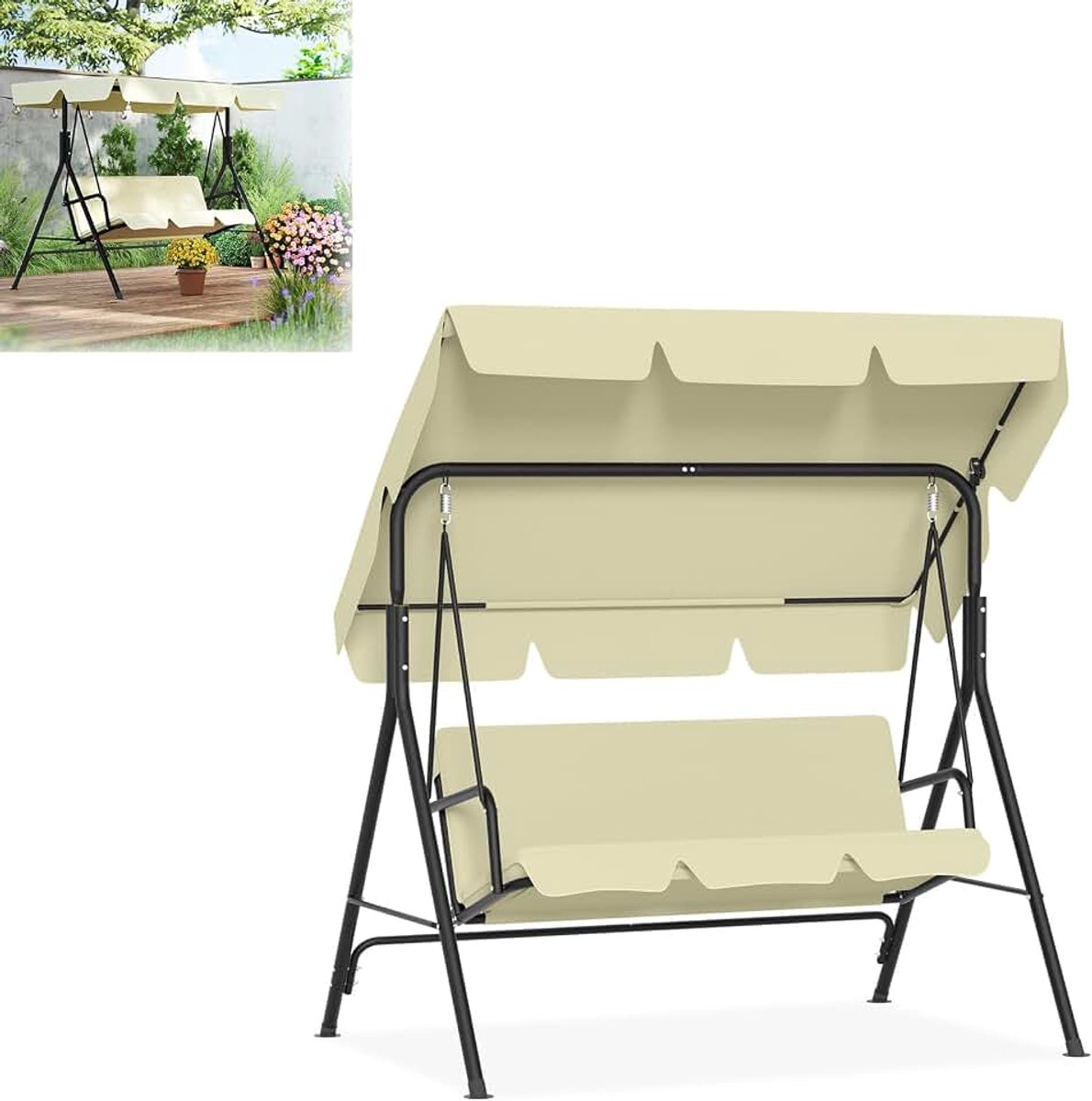 Schommelbank, tuinschommel, 3-zits met zonnedak, tot 200 kg belastbaar, weerbestendige schommelbank met comfortkussen en anti-slip voeten, beige/176x110x152cm