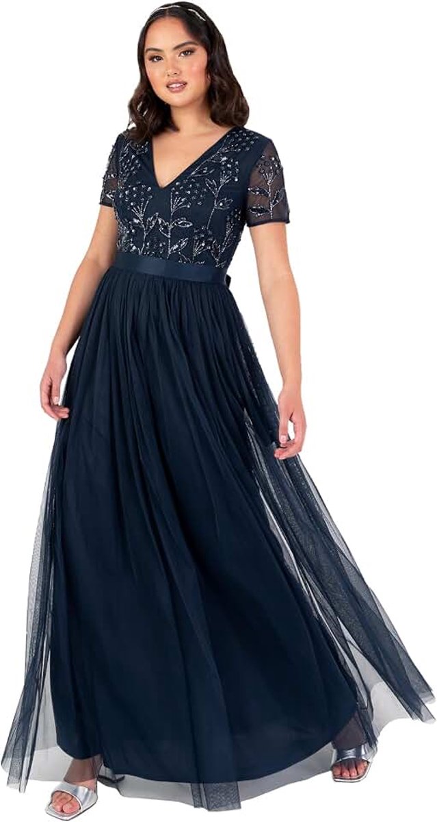 Deluxe Maxi-jurk voor dames, bloemenpatroon, pailletten, verfraaid, V-hals, korte mouwen, tule, sjerp, riem, rijk, A-lijn, bruidsmeisje, marineblauw, 38, marineblauw, 36