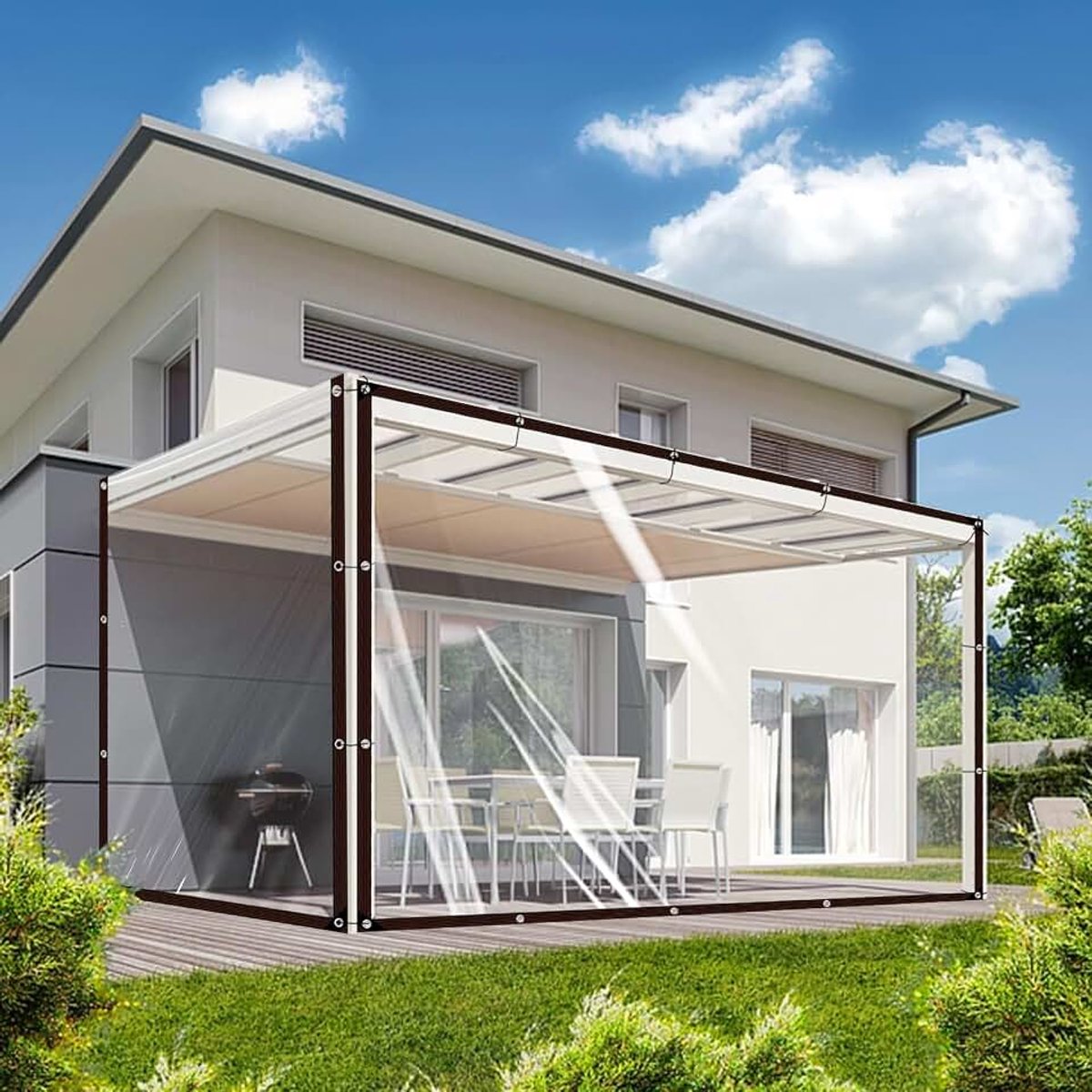 Waterdicht, transparant, voor buiten, doorzichtig, met ogen, balkon, regenbescherming, afdekzeil, tuinmeubelen, voor buiten, waterdicht, met bindtouw, 2 x 6 m