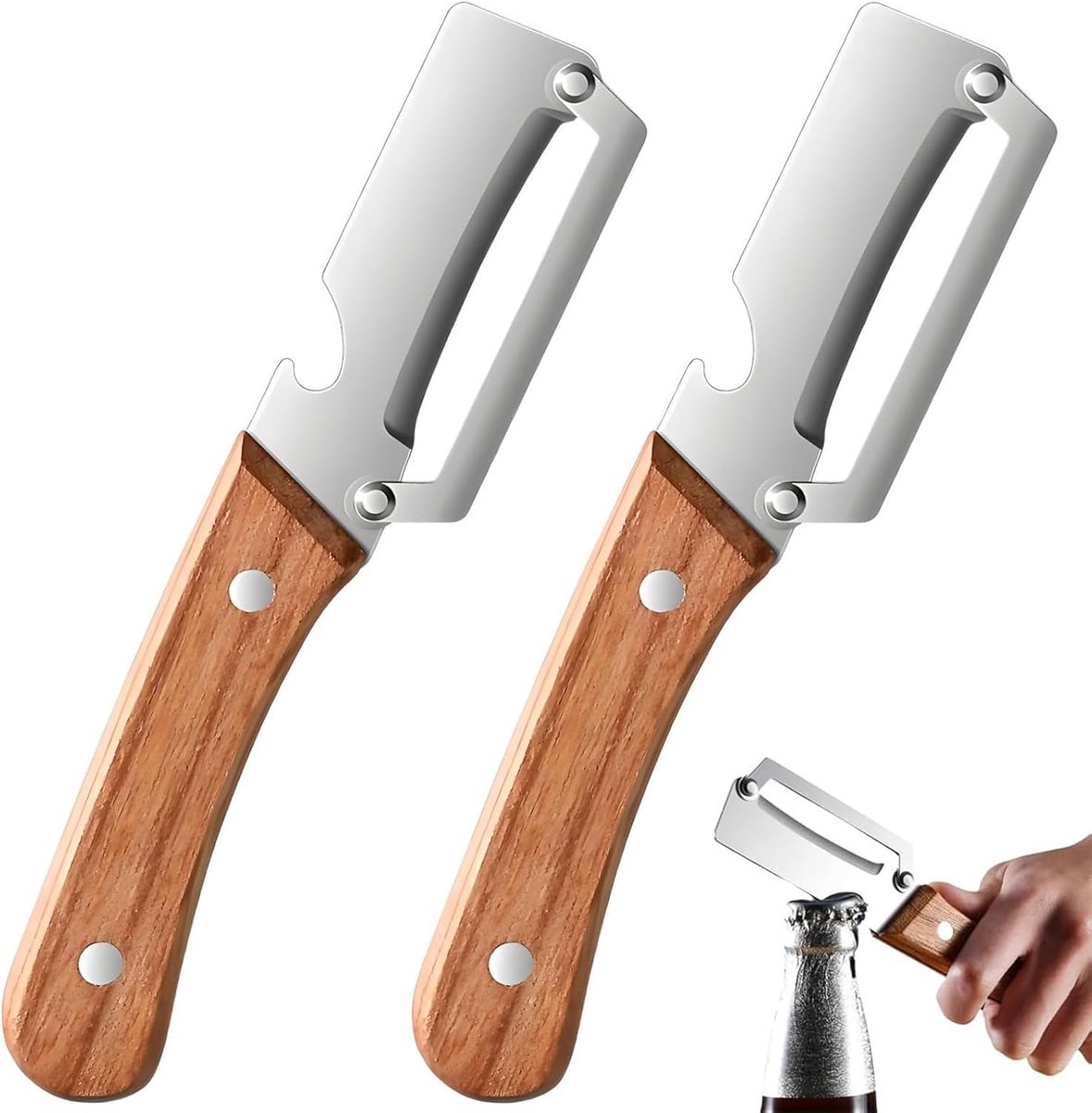 Casalora 2-in-1 Dunschillers (2 Stuks) met Flesopener – Groenteschiller RVS- en Fruitschiller met Houten Handgreep voor Fruit- en