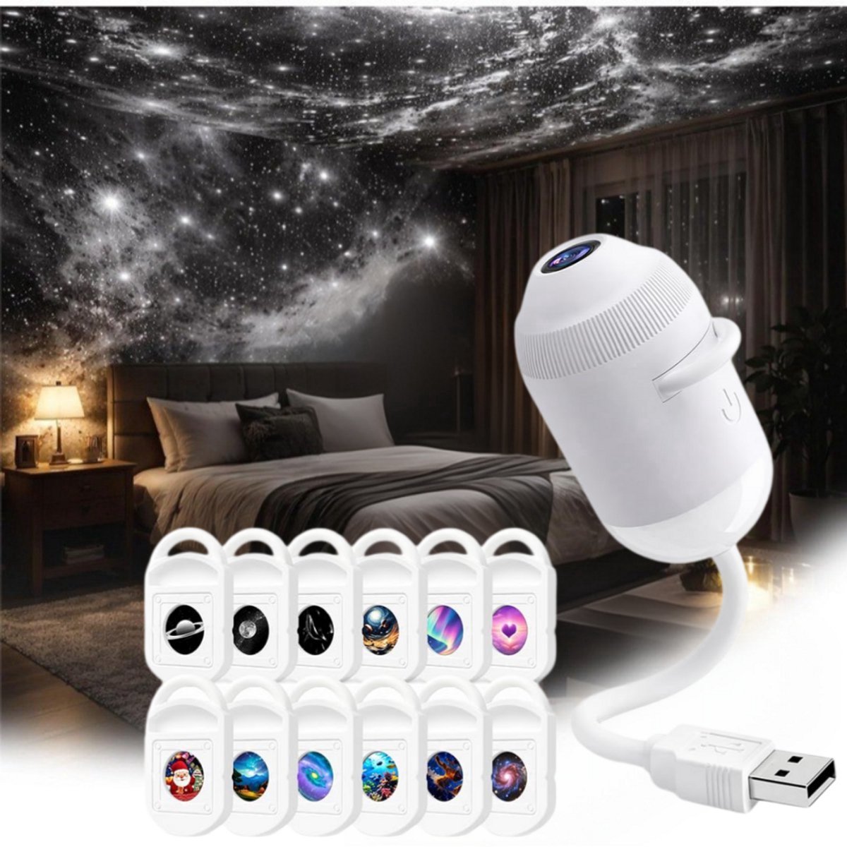 Casalora 2-in-1 Sterrenprojector Galaxy & Nachtlampje - 12 Verwisselbare Films - Dimbare LED Lamp - 360° Rotatie - USB - Voor Slaapkamer, Auto en Kinderkamer