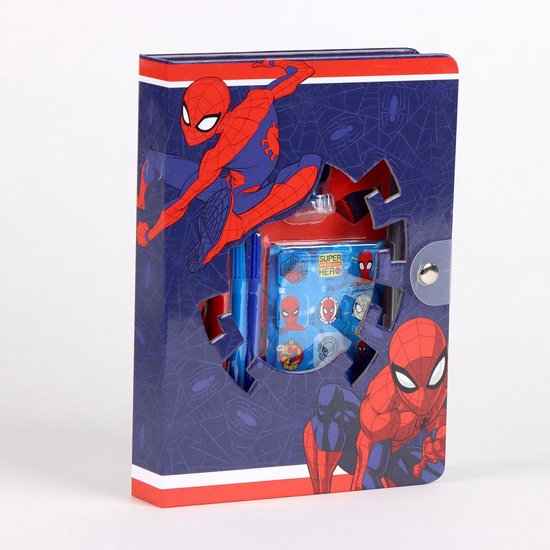 Coffre au trésor Spiderman bleu avec une silhouette de Spiderman découpée sur le devant.