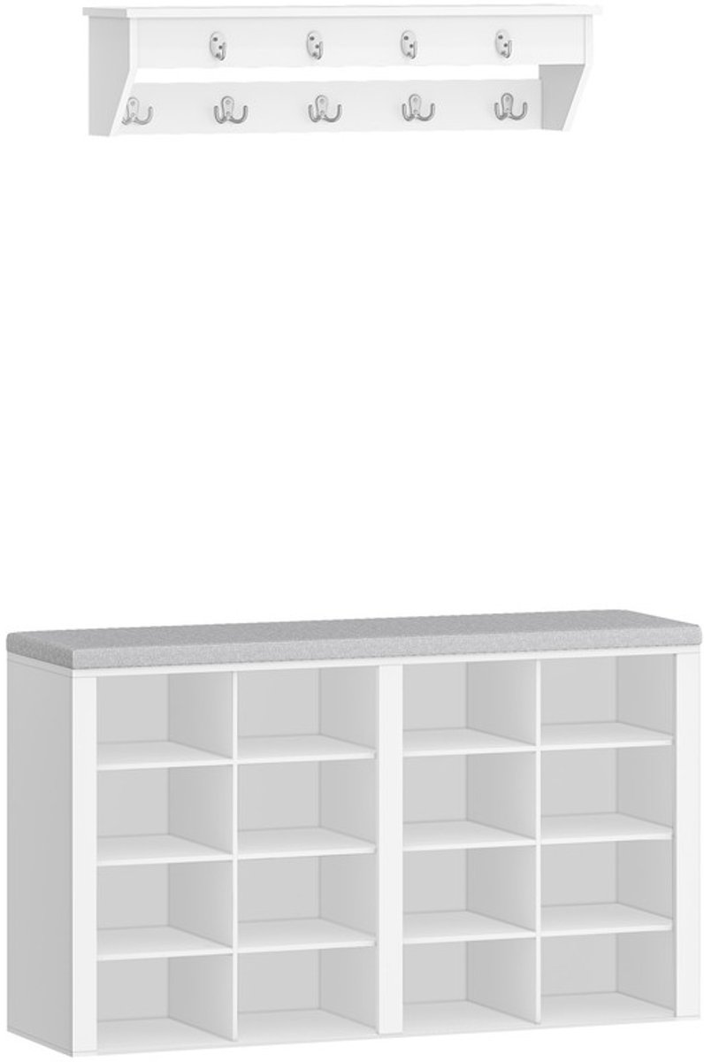 Hzuaneri Garderobe Schoenenrek Set, Schoenenbank met Kussen, Entreebank 30 x 104 x 59 cm, Wandkapstok met 9 Haken Kapstokken met Plank voor Woonkamer, Slaapkamer, Entree, Wit-Grijs, Kledingrek, voor woonkamer, slaapkamer, entree