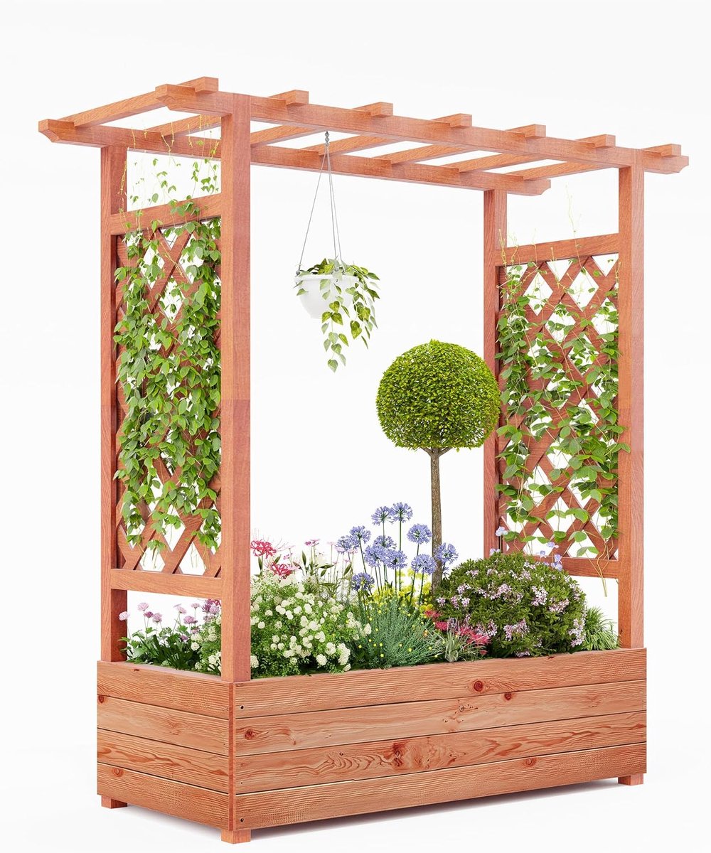 Tuinbak met latwerk - Grote houten verhoogde tuinbak - Overkapping - 4 afwateringsgaten - Privacyscherm van sparrenhout - 110×44×114 cm