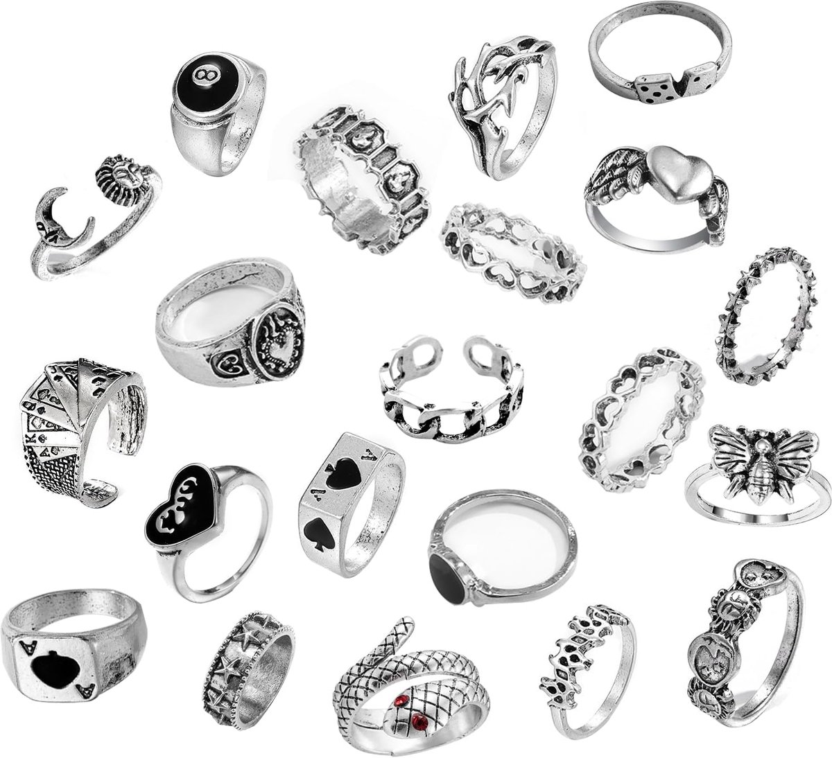 Punk Gothic Punk Ring Set 20 stuks zilver vintage enkelringen voor mannen vrouwen stapelbare doodshoofd vlinder hart gothic punk Y2K