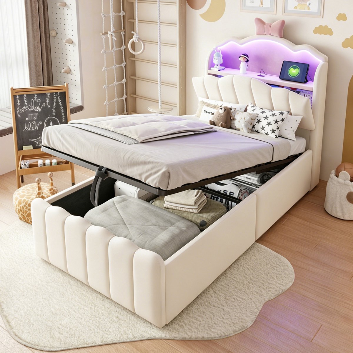 PHOEBE CAT Kinderbed - 90 x 200 cm - Gestoffeerd hoofdeinde - Opbergruimte - LED-verlichting - Oplaadpoort - Fluweel - Beige