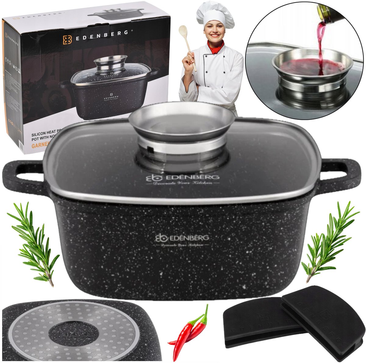 Kwadratische Marmite Pan 22cm met Deksel & Handvatten - Inductie Geschikt
