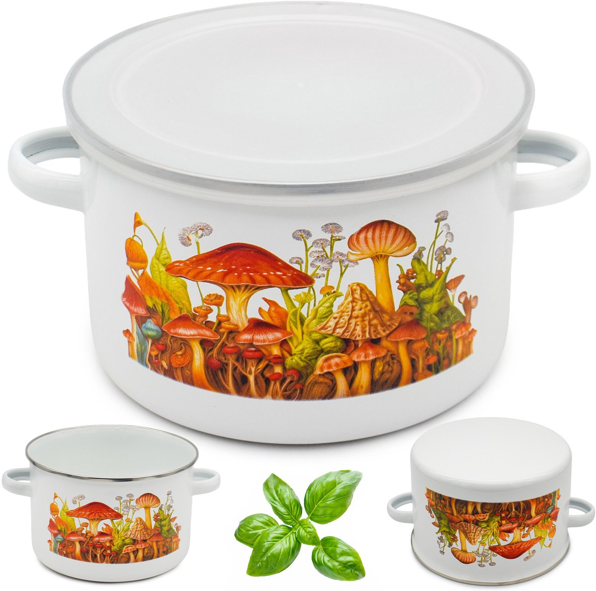 Emalieren Pan met Deksel 1,85L - 16cm - Grzyby Patroon