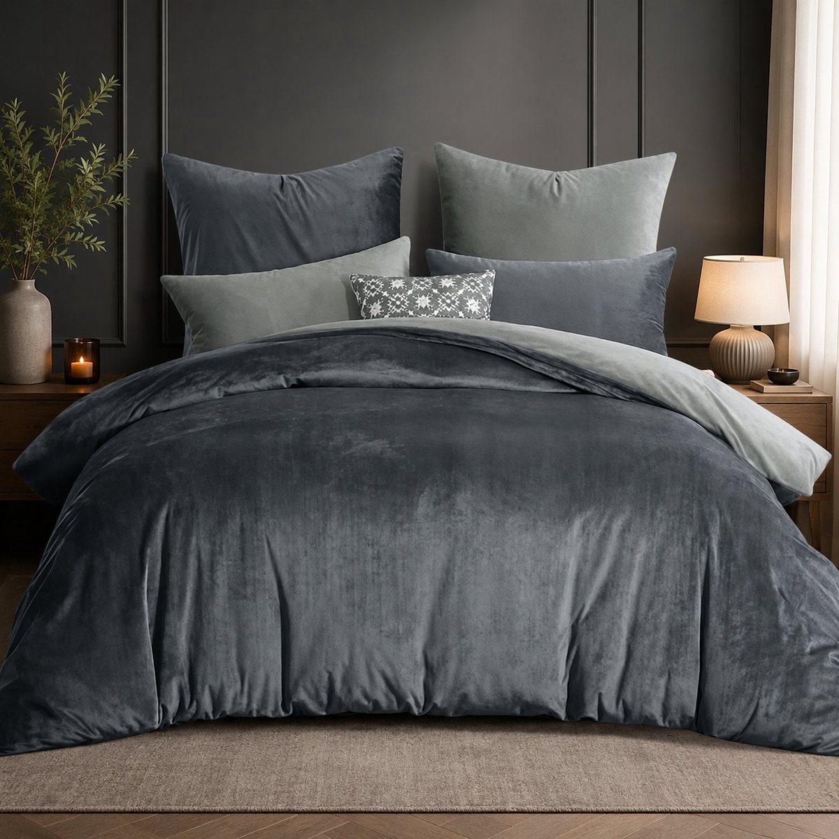 Nazik Living Flanellen dekbedovertrekset 220x240 cm - 3-delig grijs/lichtgrijs - warm winterbeddengoed - omkeerbaar fleece - met 2 kussenslopen 80x80 cm