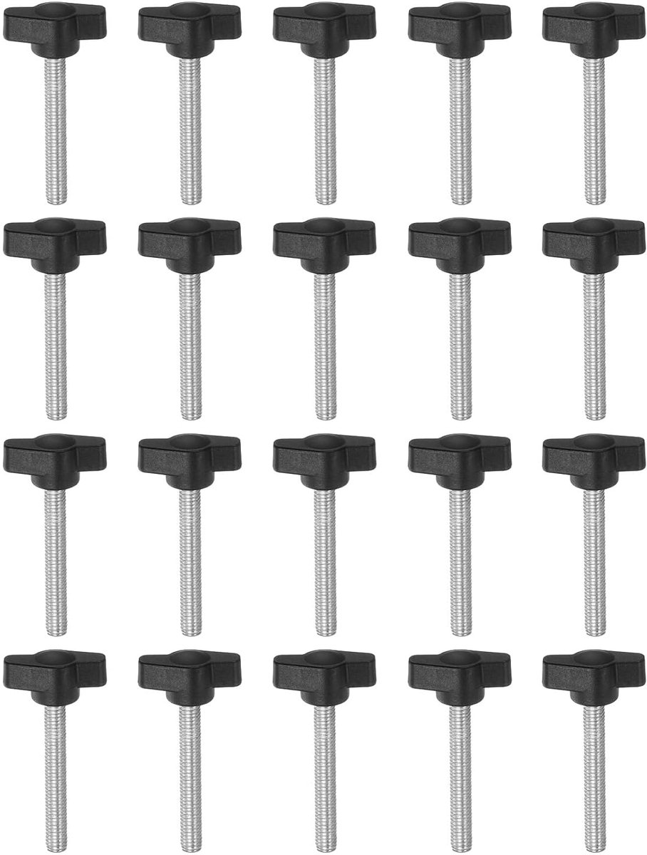 20 stuks geribbelde schroeven met T-vleugelknoppen M6 x 50mm kunststof T-kop zelfborgende schroeven vleugelschroeven greepschroeven 27mm klemknop duimschroeven voor machine, zwart