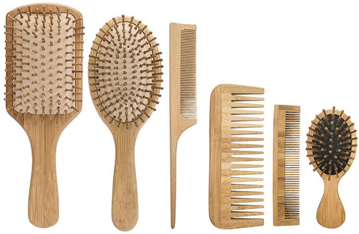 Bamboe Haarborstel en Kammenset - 6-delige Set - Massageborstels en Kammen - Antistatisch - Voor Lang, Krullend en Fijn Haar - Voor Dames, Heren en Kinderen