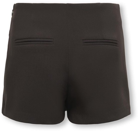 Achterkant van een donkerbruine skort met twee paspelzakken en een rits.