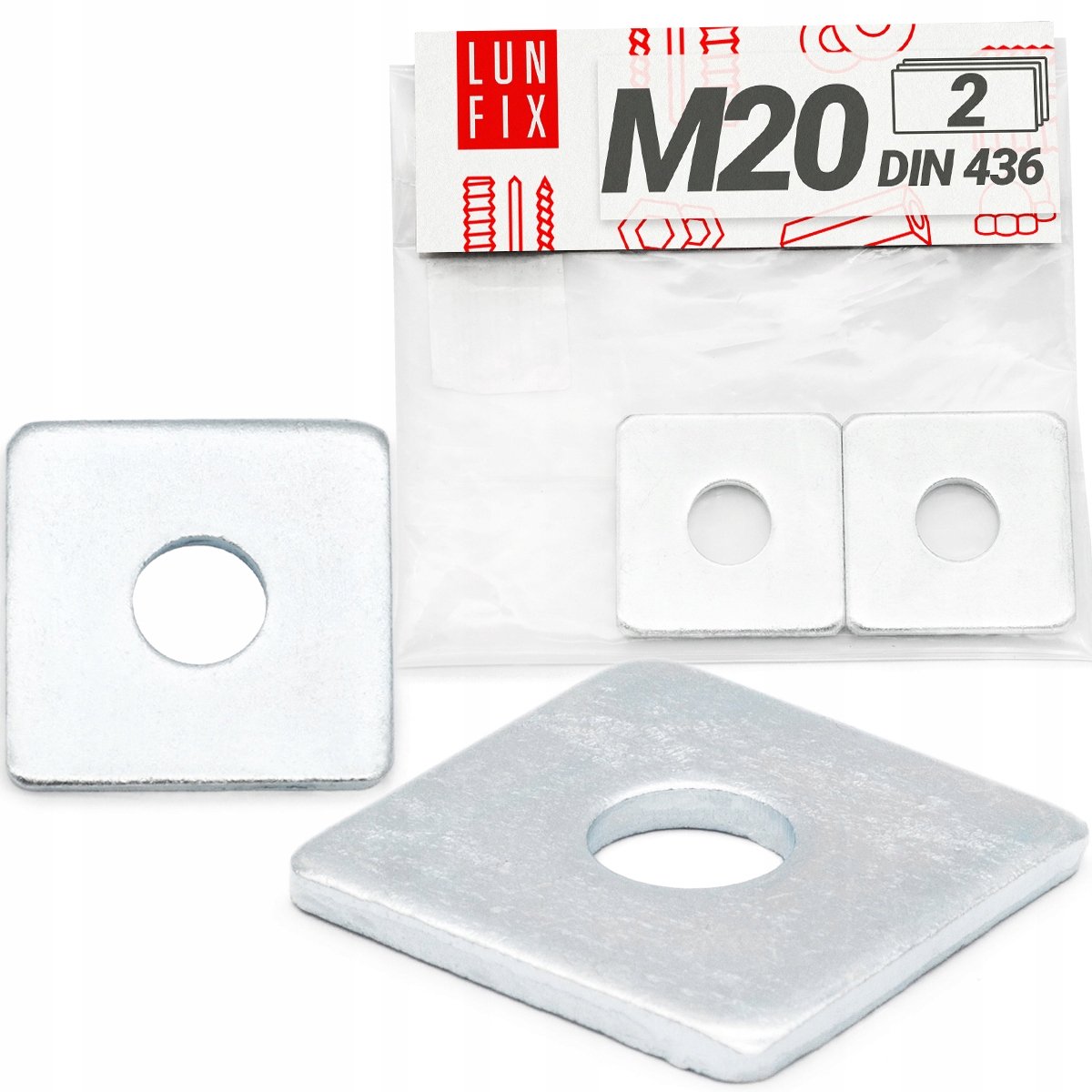 LUN FIX - Sluitplaat verzinkt M20 - Vierkante sluitring 60x60x5 - 2 stuks