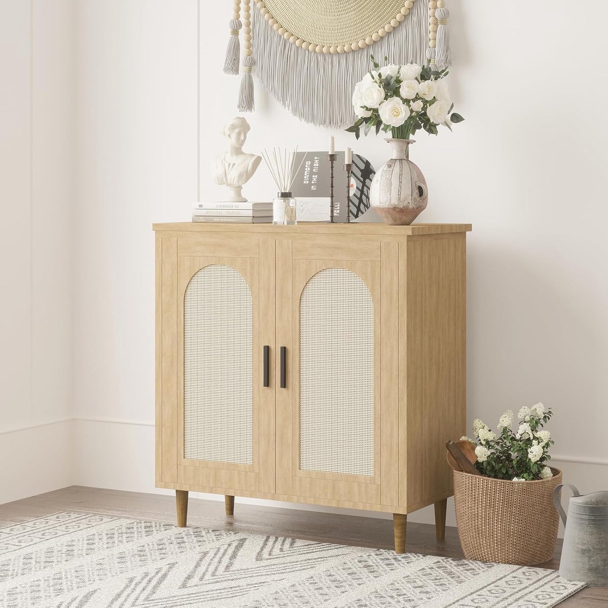 Triumpunpre - Dressoir Buffetkast Opbergmeubel van rieten verstelbare planken - laden met massief houten poten - voor woonkamer, gang en keuken - Houtkleurig