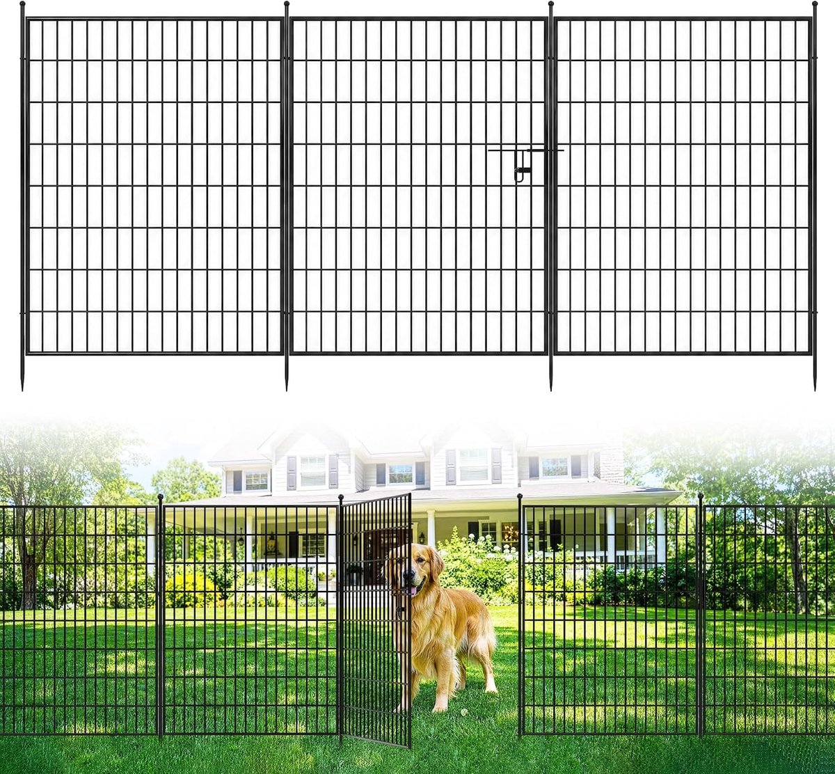 Danky Set van 5 rechthoekige decoratieve metalen tuinhekpanelen met roestwerende afwerking en poort, dierenafscheiding voor tuin, terras of bloembed - 101,6 cm H x 359,66 cm B