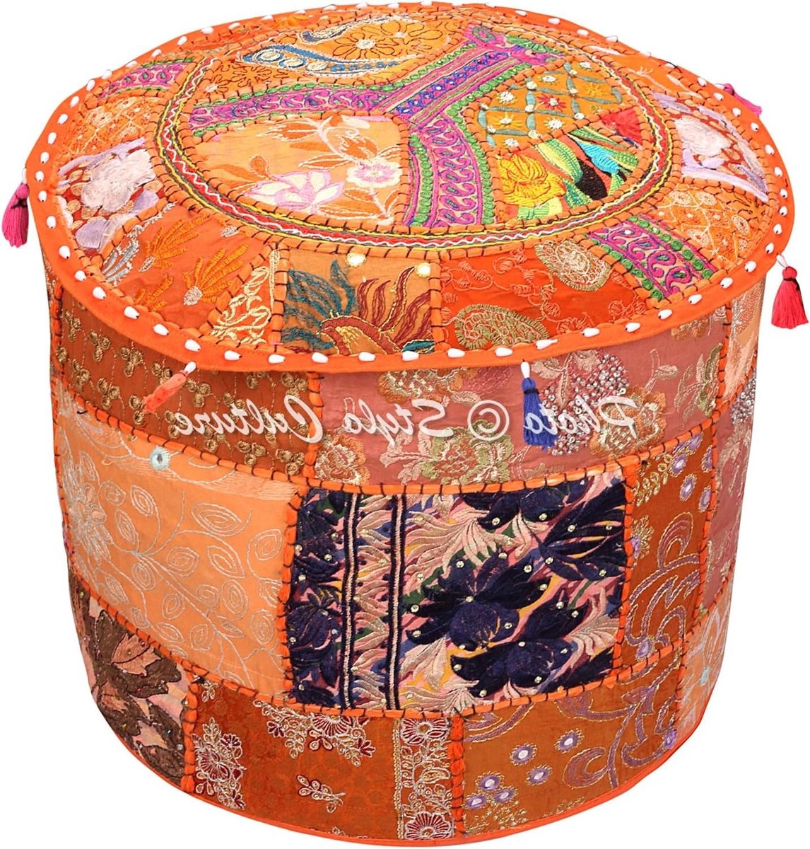 Pouf Hoes - Ottoman Cover Zitzakhoes - Woonkamer Decoratie - Uniek Patchwork Ontwerp - 40x33 cm - Oranje