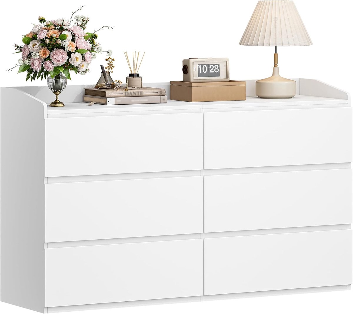 Hzuaneri Chest of Drawers, Dresser with 6 Drawers, Side Cabinet with Work Surface, Locker with Top Railing, Modern Style, Suitable for Living Room and Bedroom, 40 x 138 x 84 cm, White
