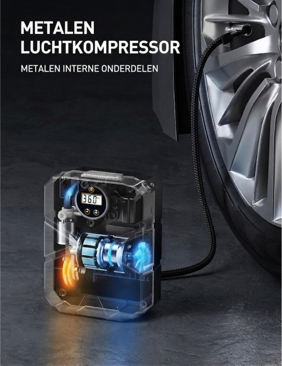 VALI® Compressor Bandenpomp - Elektrische Bandenpomp - Draagbare Luchtcompressor - Zwart/Geel - 7cm x 13cm x 17cm
