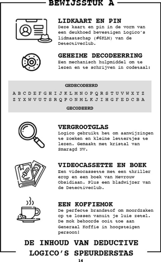 Pièces à conviction : carte d'identité, badge, décodeur, loupe, vidéocassette, livre, tasse à café.