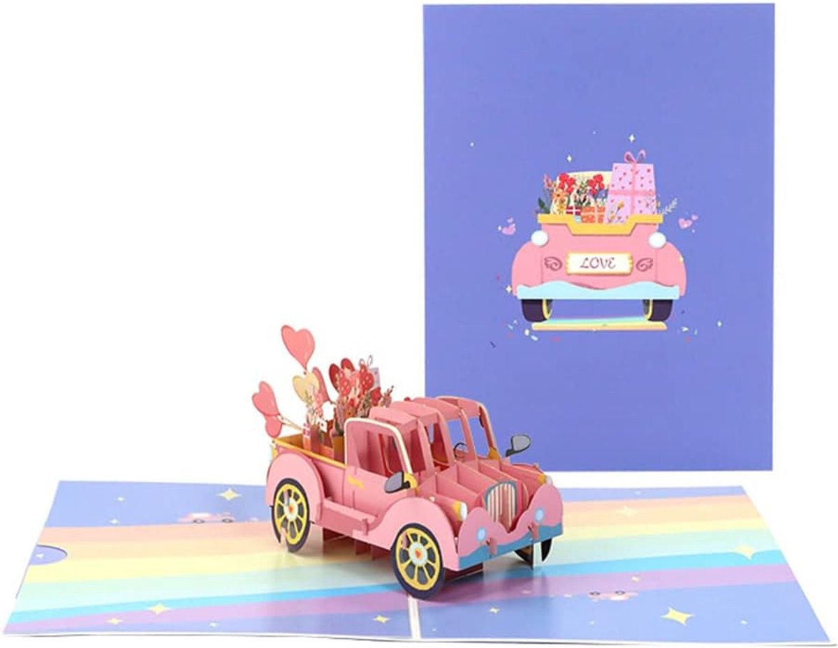 3D pop-up verjaardagskaarten, Valentijnsdagkaarten, huwelijksuitnodigingskaarten, jubileumkaarten, regenboog en roze pick-up trucks, elegante en mooie vouwkaart met enveloppen