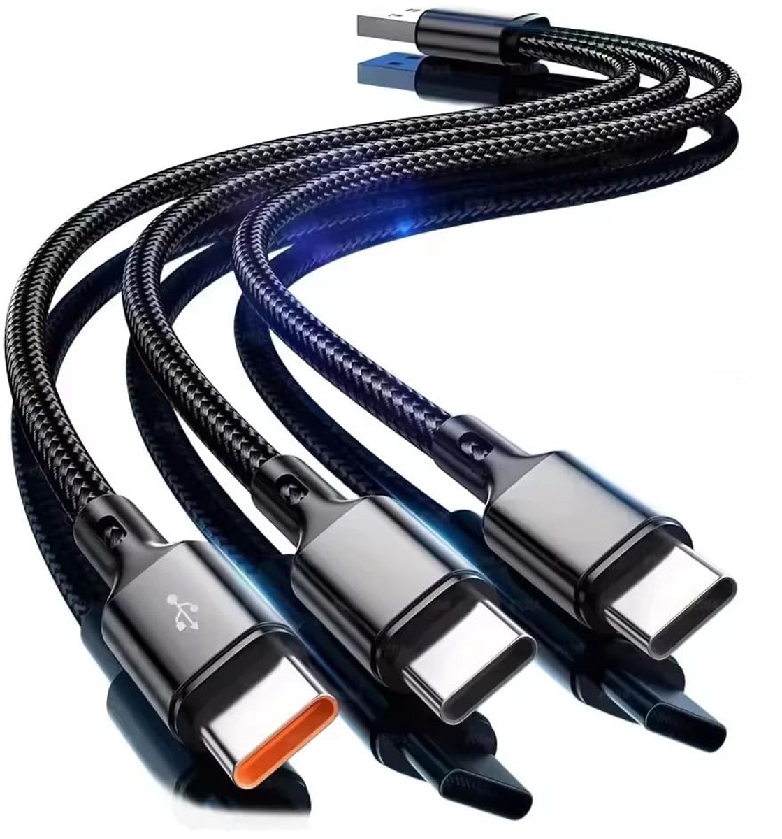 SnelShoppen - USB C Splitter Kabel, USB A Stekker naar 3 Type-C Stekkers, Oplaadkabel, 3-in-1 Nylon Gevlochten Oplaadkabel met 3 x 0.2m Kabel, 6A Snel