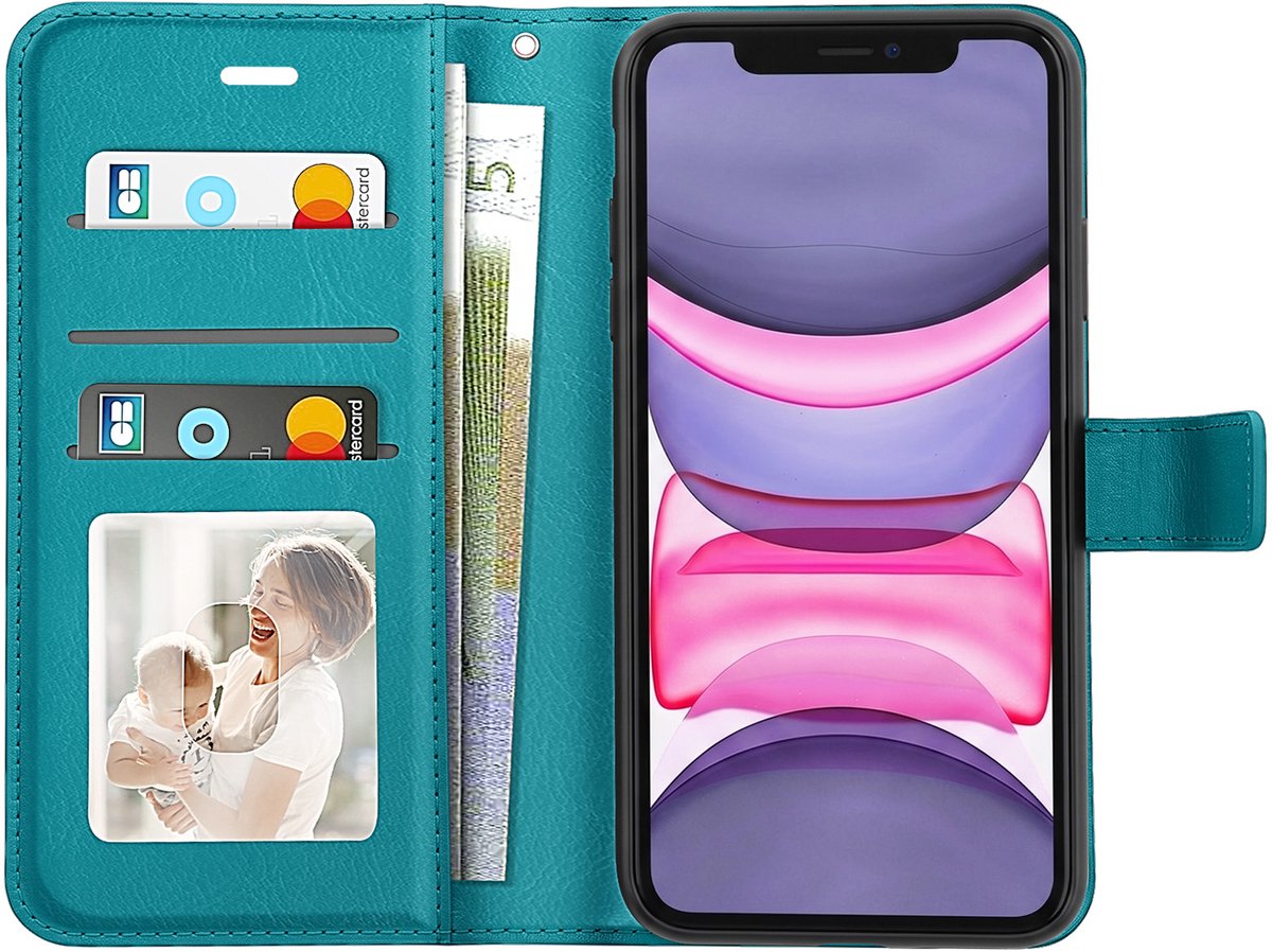 Mayaxess, Portemonnee Etui Geschikt voor Apple iPhone 11 met Standaard en Polsbandje, Turquoise