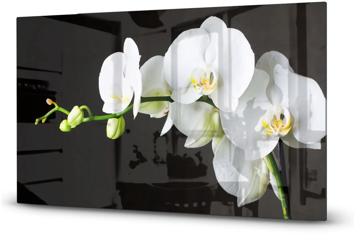 Mydesignglas Glazen Inductiebeschermer - Krasvrij Gehard Glas met Antislip - Afdekplaat Kookplaat - 90x52 cm - Witte Orchideen