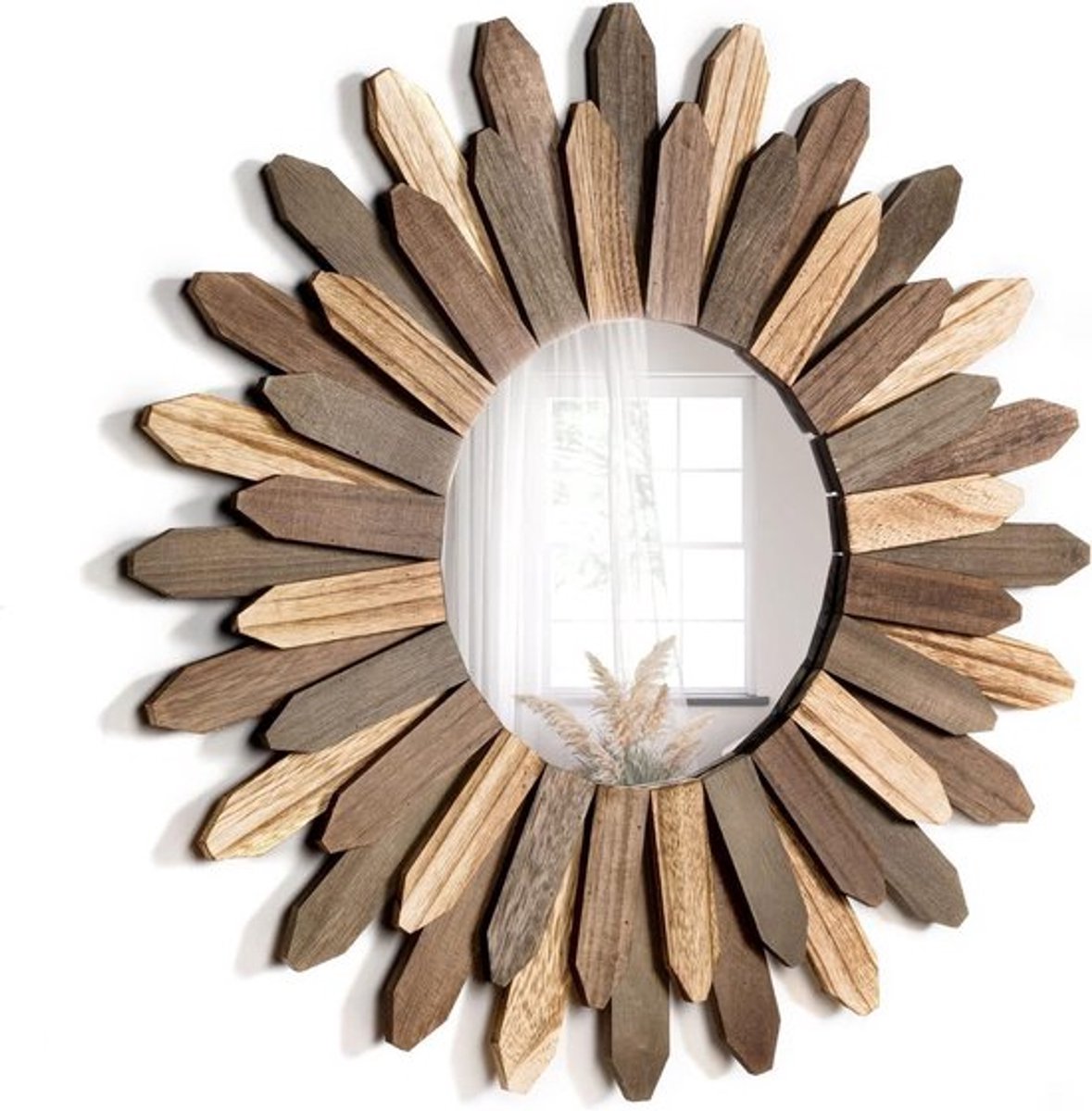 Ronde Decoratieve Wandspiegel van Hout, 53 cm, Bohemian Stijl voor Hal, Badkamer en Slaapkamer, Unieke Interieurdecoratie in Diverse Kleuren