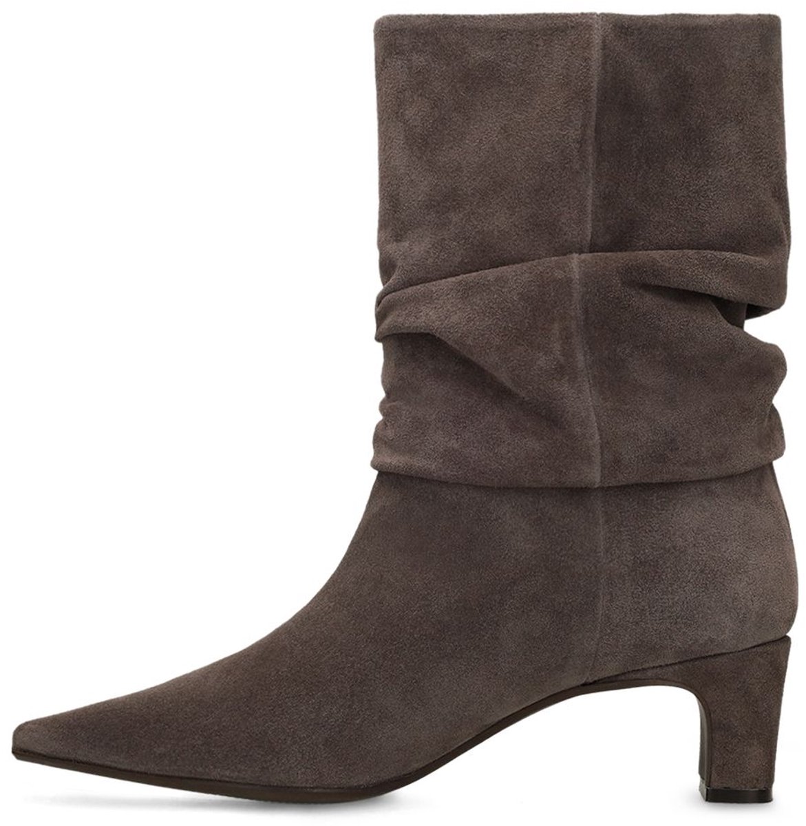 Manfield - Dames - Grijze suède slouchy enkellaarsjes met hak - Maat 42