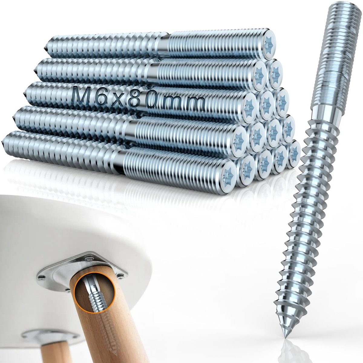 M6 Torx Stokschroeven M6 x 80 mm stokschroef 15 stuks dubbelzijdige plugschroeven ophangschroeven Torx T15 stergroeven dubbele schroefdraadschroeven 80 mm voor houten scharnier meubelpoten