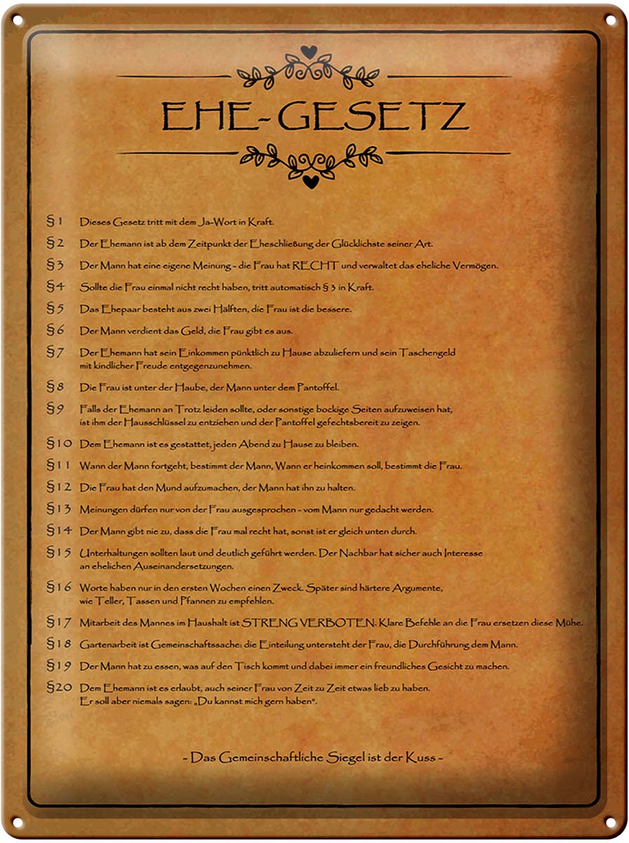 Blechschild Spruch 30x40 cm Ehe Gesetz Deko Schild