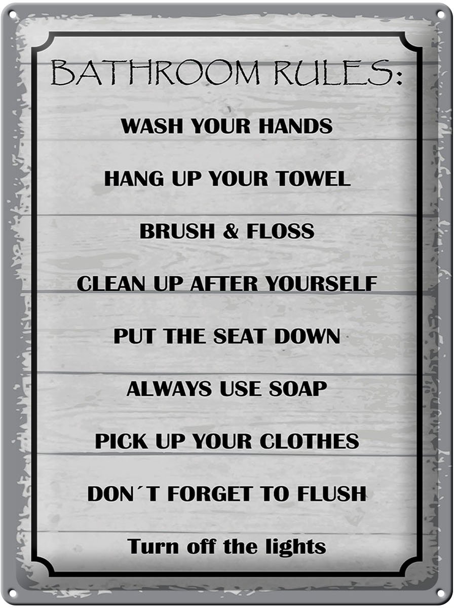 Blechschild Hinweis 30x40 cm Bathroom rules Deko Schild