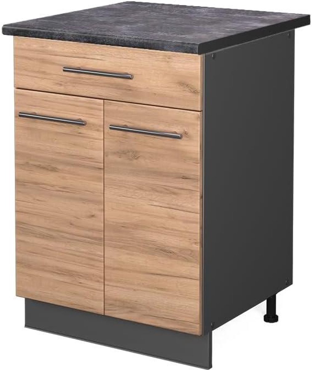 Keukenonderkast met lade - Opbergkast keuken - Keuken organiseren - Soft-close scharnieren - 60 cm breed - Eiken goud