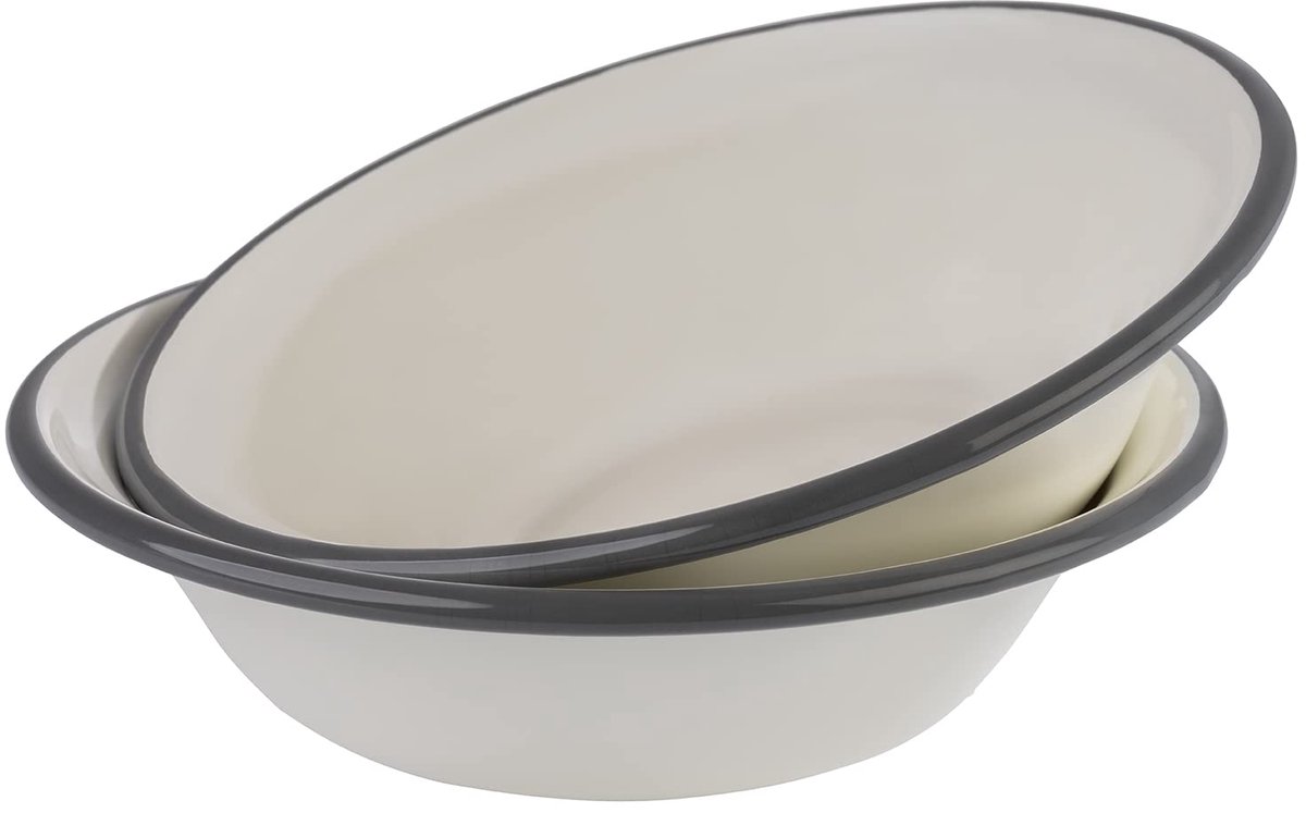 Set van 2 schalen EMAILLE- Ø 16,5 cm, geëmailleerd plaatstaal, kleur: crèmewit met grijze rand