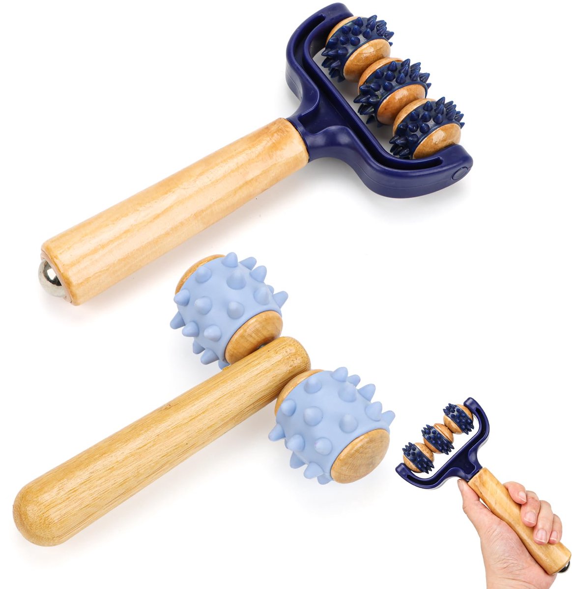 2 stuks massageroller met houten handvat, massageroller met egelbal massagebal, draagbare zelfmassagerol massageapparaat, massagegereedschap voor benen, voeten, armen, rug
