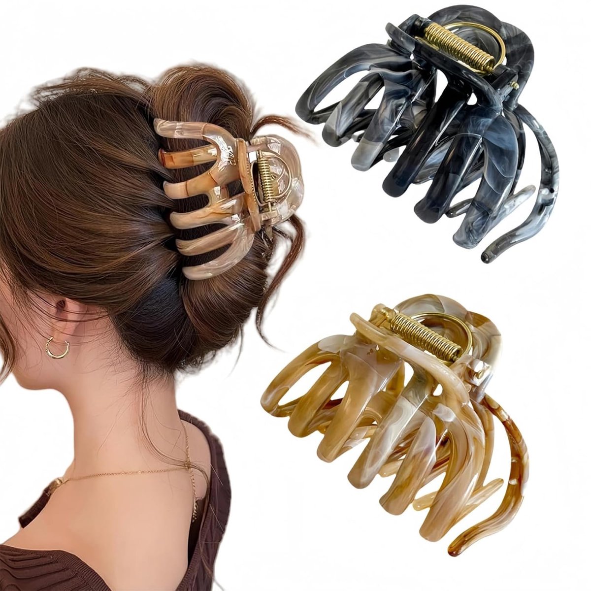 Clip, Große Haarklammer, 9 cm Haarspange groß für Damen, 2er Set Grau & Braun, Trendiger Look für dünnes und dickes Haar, Hairstyling-Zubehör