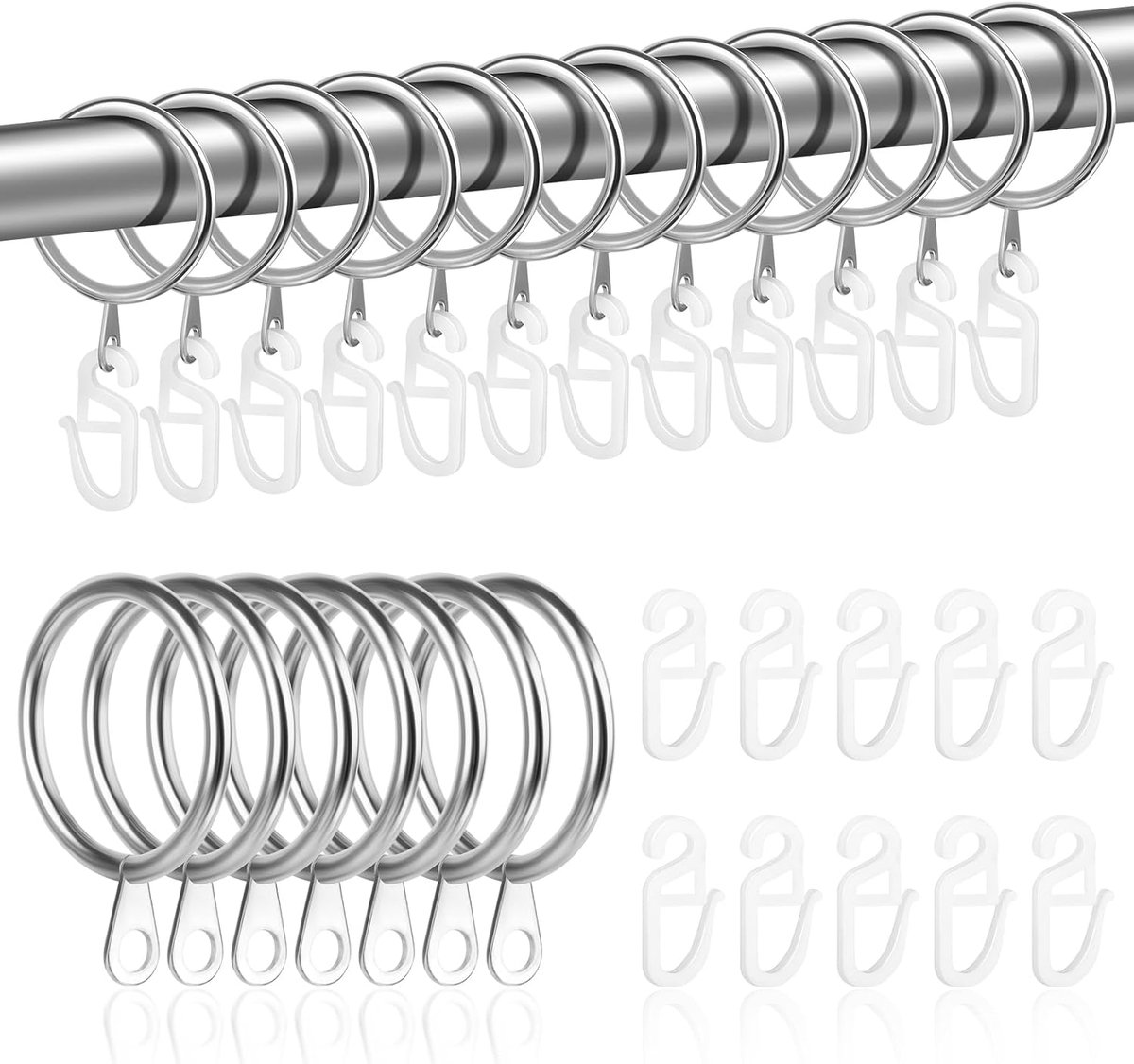 Ringen met haken, metalen gordijnringen met gordijnhaken voor gordijnen, stille ringen voor gordijnroedes, baldakijnen en douchegordijnen