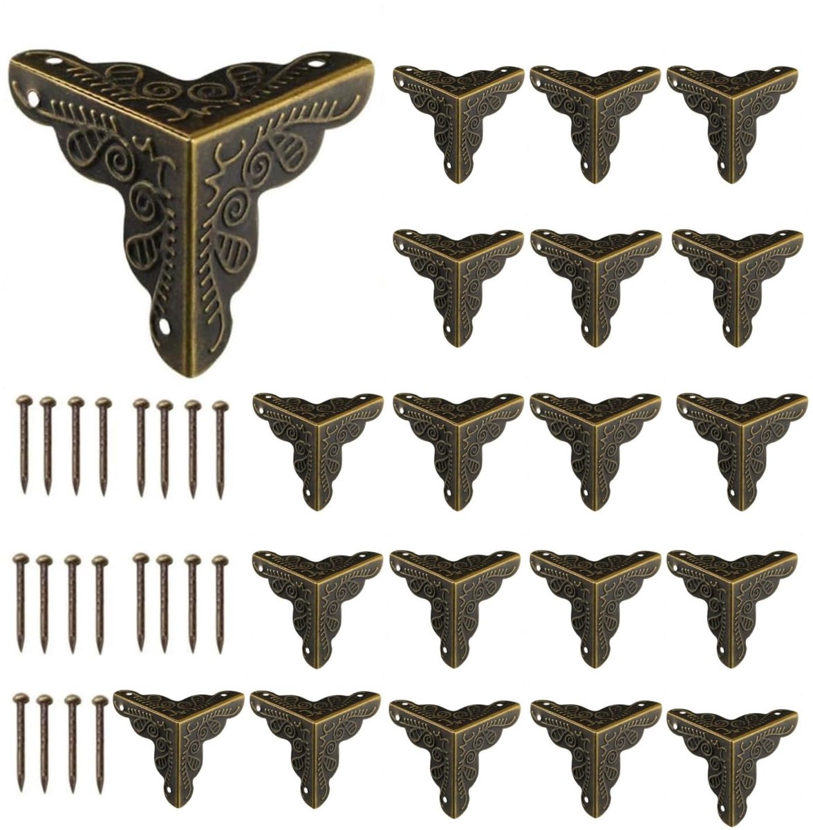Meubelhoeken, randbescherming, 20 stuks, metaal, randbescherming, vintage hoekbescherming, metaal met schroeven, voor meubels, sieradenbox, geschenkdoos, kast, inclusief (brons)