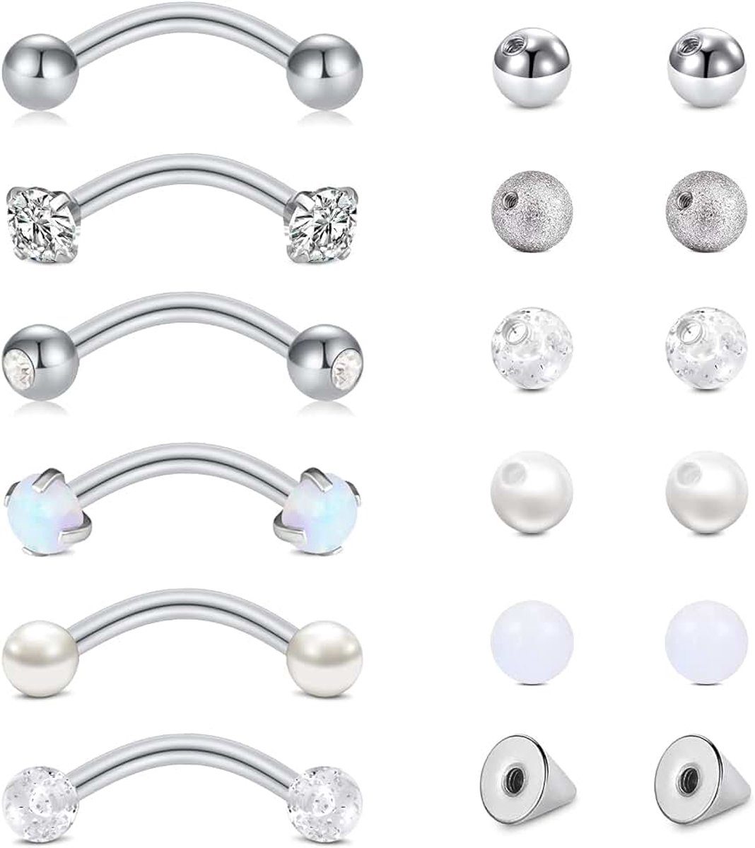 Wenkbrauwpiercing staafje chirurgisch staal 16G 8 mm 10 mm gebogen barbell lip tragus helix daith rook-piercing, Roestvrij staal