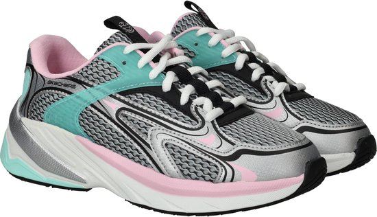 Grijze Skechers sneakers met roze en mintgroene accenten, zilverkleurige details en witte veters.