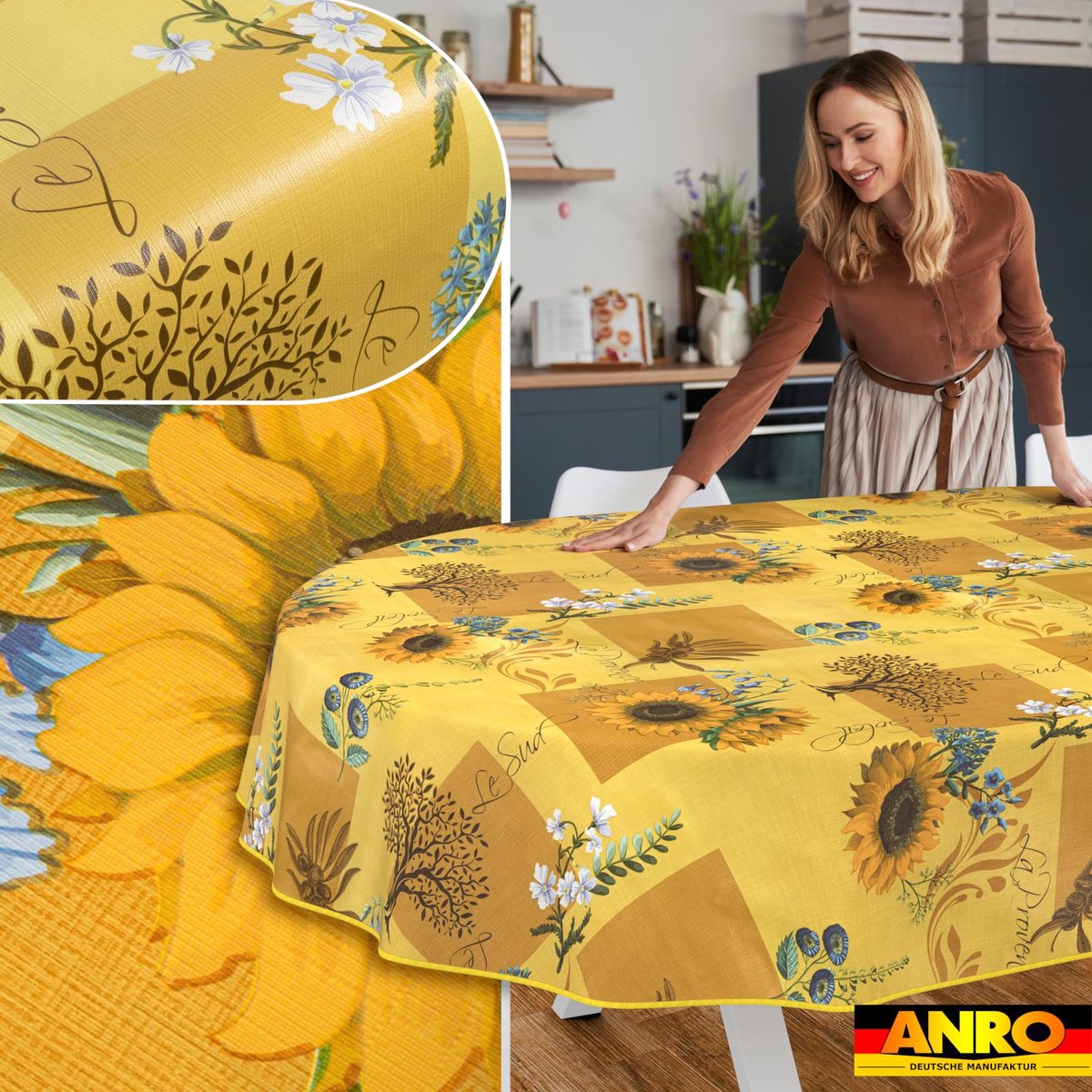 ANRO Tafelkleed Zonnebloemen Meerkleurig Ovaal 160x140cm Met sierband Afwasbaar Waterafstotend
