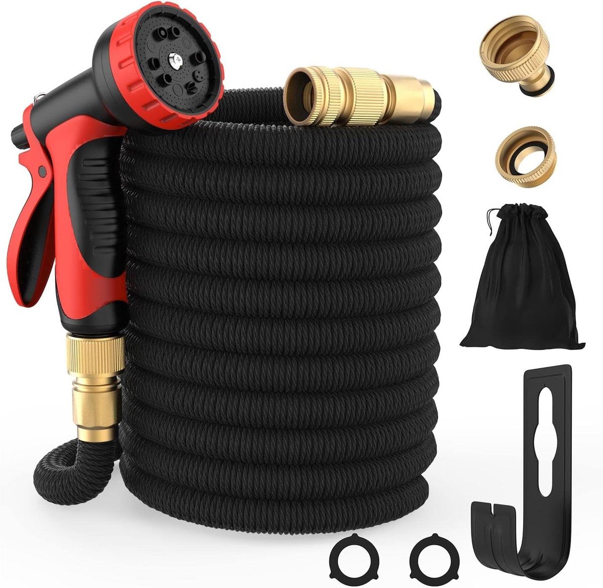 Flexibele tuinslang - Rekbare waterslang - Tuin en auto reinigen - 10-voudige sproeier - 30 meter - Zwart/Rood