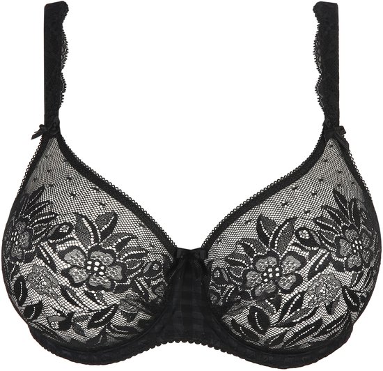 Zwarte kanten beugel BH met bloemenpatroon, strikje en schouderbandjes met kanten rand.
