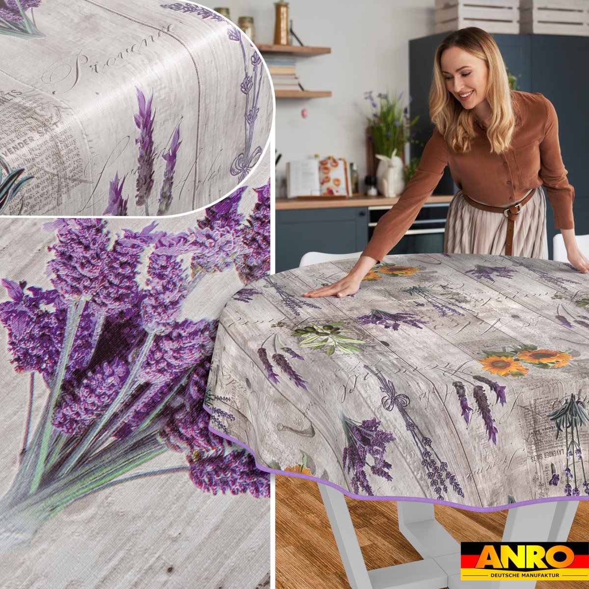 ANRO Tafelkleed Provence Grijs Rond Ø140cm Met sierband Afwasbaar Waterafstotend Binnen & Buiten