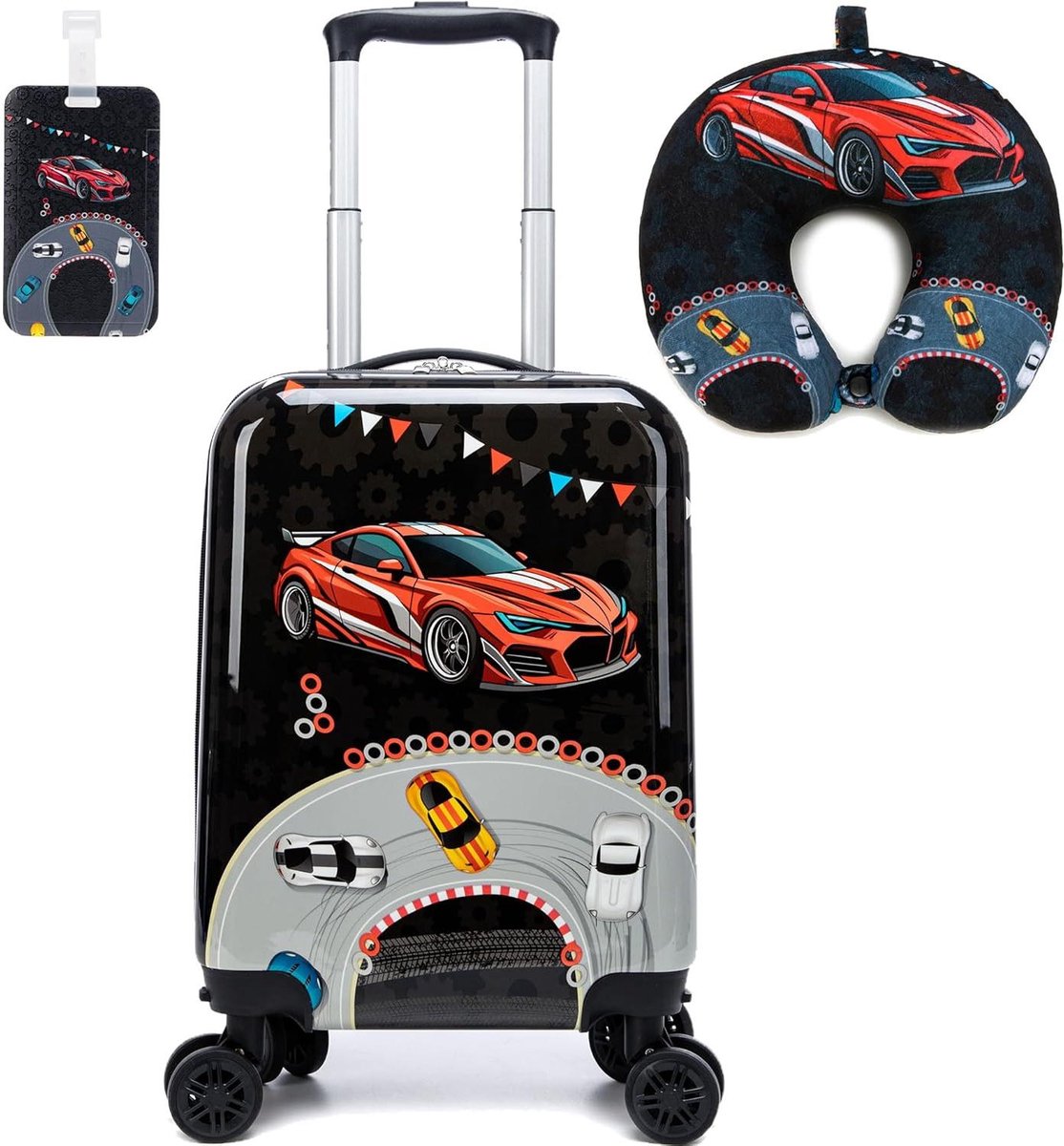 Kinderkoffer set - Reiskoffer met kussen - Reizen met kinderen - Met 4 zwenkwielen - 41 cm - Auto
