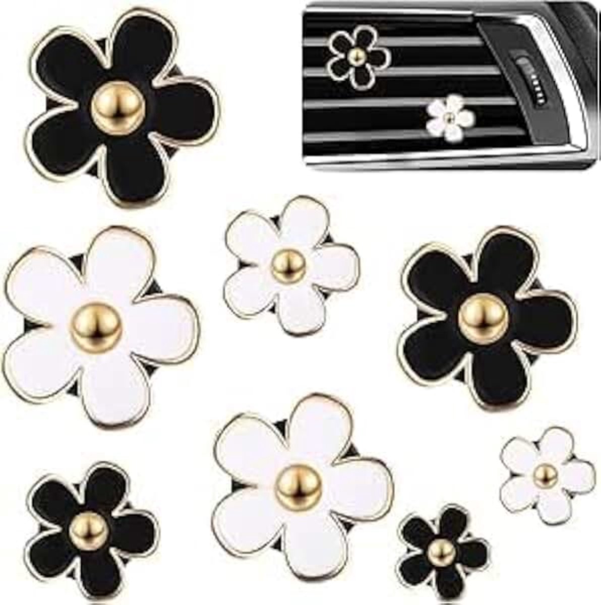 Set van 8 auto-ventilatieclips, geurclip, zwart/wit, madeliefjes, bloemen, interieur, decoratie, luchtverfrisser, clip, auto-accessoires, interieur, decoratie, auto, geur, frisse auto-accessoires, set